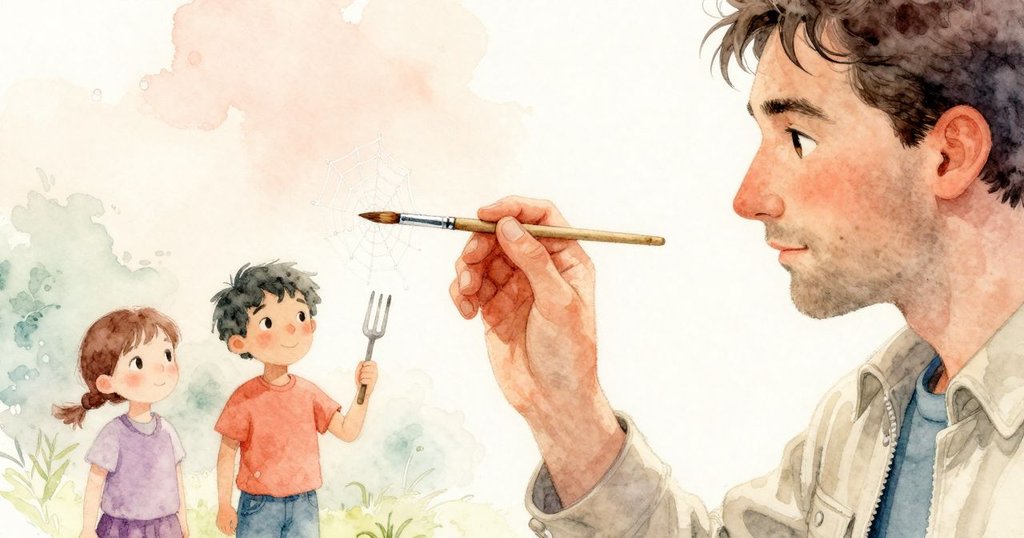 Vaughn輕觸帶露珠的蜘蛛網，其專注面容和細膩手勢清晰呈現，展示微妙震動的瞬間。