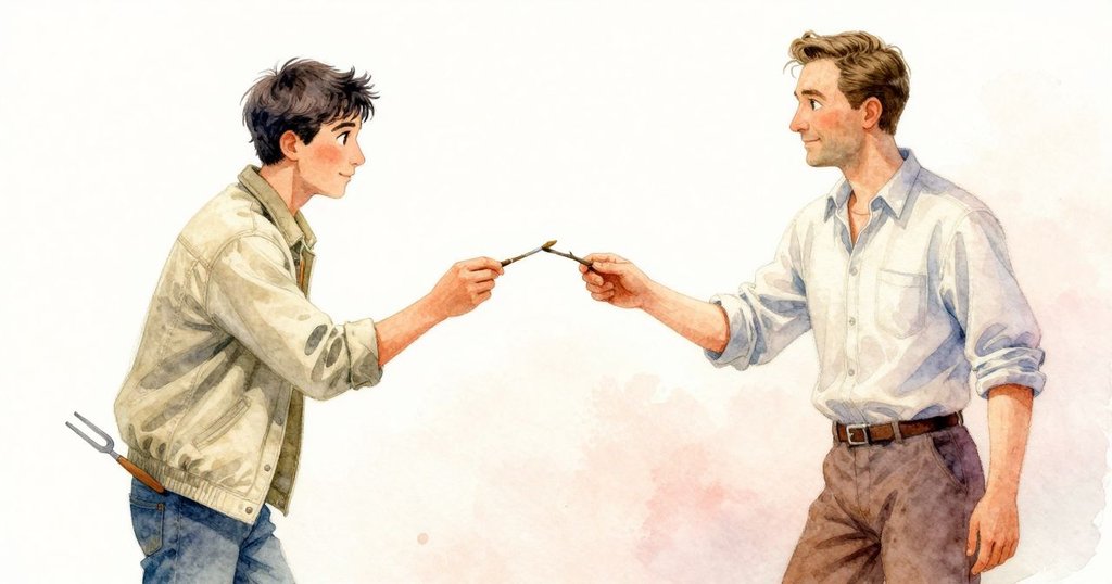 Jasper微笑著遞出纖細的樹枝，而Vaughn以果斷神情婉拒，畫面呈現動感與晨間柔和的光線。