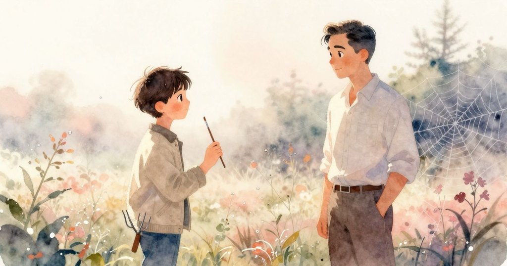 在晨光變幻中，Vaughn與Jasper靜觀露珠蜘蛛網色彩移動，背景展現自然晨季柔和變化的美妙瞬間。