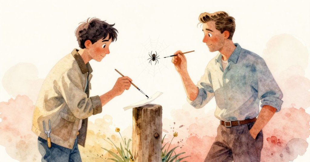 Vaughn輕敲調音叉在雪松柱上，發出清晰共鳴，蜘蛛順著絲網爬出，Jasper默然驚奇地觀望著。