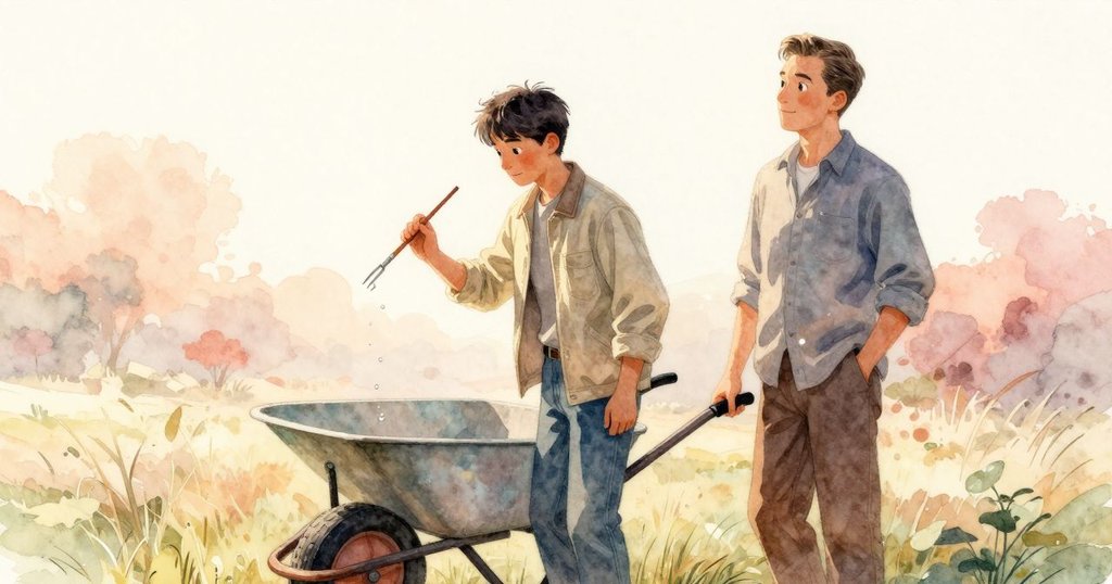 在金色光暈中，Vaughn與Jasper凝望落葉上輕落的露珠，遠處手推車緩緩行進，整體氛圍平靜而溫暖。