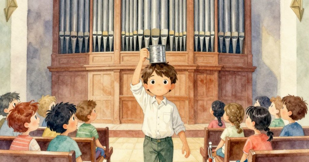 胡果在溫暖古老機械室內平衡破舊鐵杯，背景有孩子的歡笑，神情專注展現故事開端