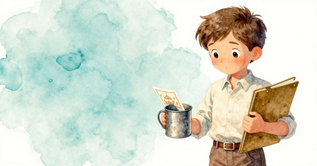 胡果手中拿著破舊鐵杯與銅製文件夾，精緻對比下夾帶著滑動折疊卡片，神情認真展現故事發展