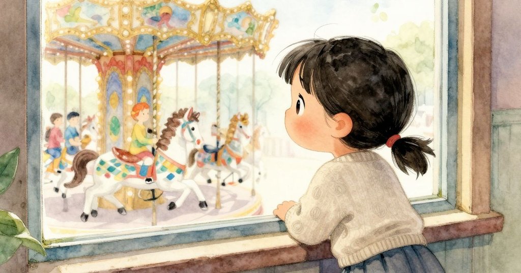 莎拉透過門窗望向外面歡呼的旋轉木馬騎士，臉上充滿好奇與喜悅，展現室內外情景融合的故事轉折
