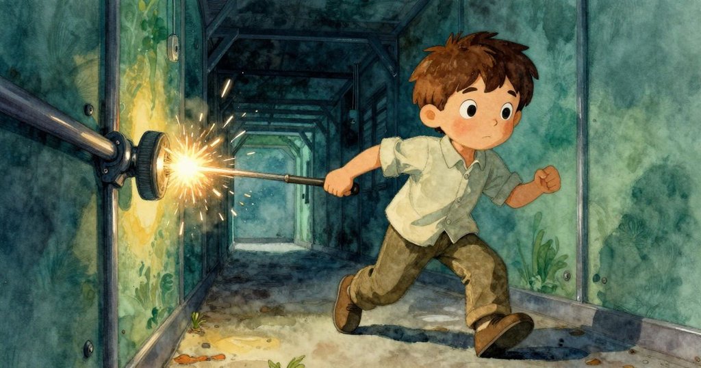 胡果急步穿過金屬走廊，翻動格柵後的開關，火花閃爍，表現出緊張轉折與神秘光影效果