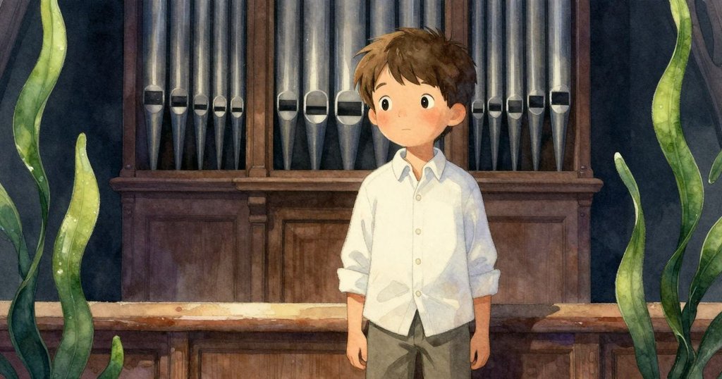 胡果在機械器官前放鬆身姿，臉上露出平靜微笑，柔和燈光中展現故事結局的寧靜與反思