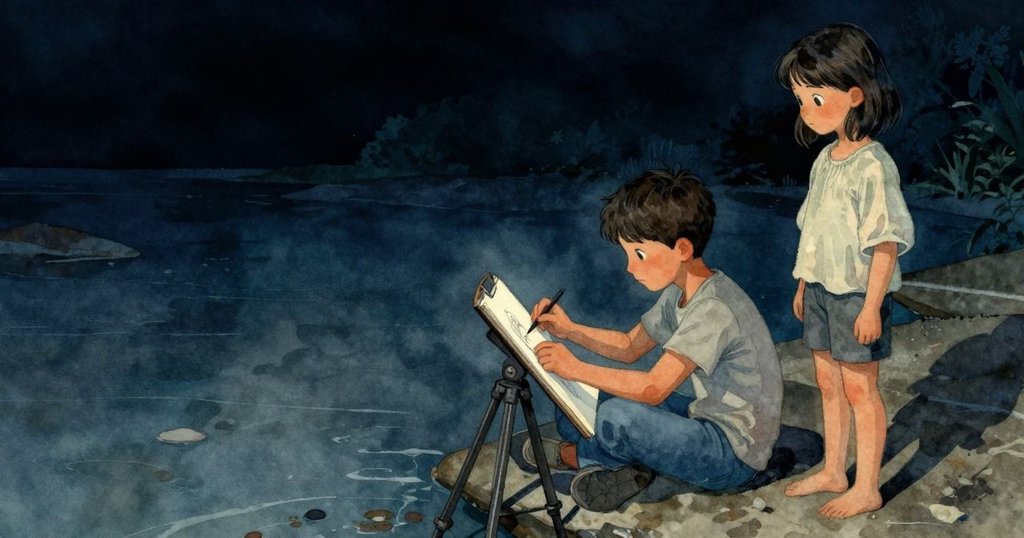 Zephyr穩定著三腳架，Yasmin蹲伏在旁，兩人影子交融在寬闊潮池上，散發著靜謐神秘的海邊氛圍