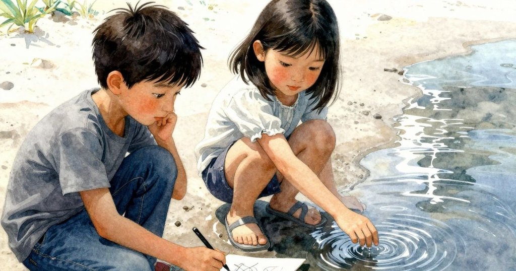 Zephyr伸手輕觸潮池水面，感受水中涼意與銀色反光，細膩展現探索海邊自然奧秘的瞬間