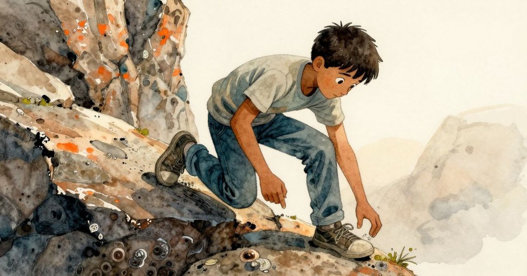 Zephyr下移從高處到低處石板，鞋子劃過粗糙岩面，展現他探索海邊歷史與自然痕跡的堅定步伐