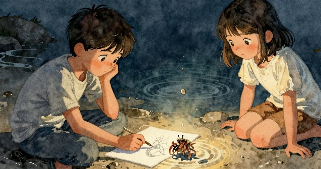 小寄居蟹穿越三腳架影子，輕觸落石激起水面漣漪，捕捉海邊瞬間變化與自然微妙動感