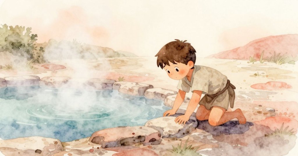 Gareth站在溫泉邊，手持平棍輕觸溫暖石緣，晨光柔和，蒸汽繚繞，表情平靜且沉思