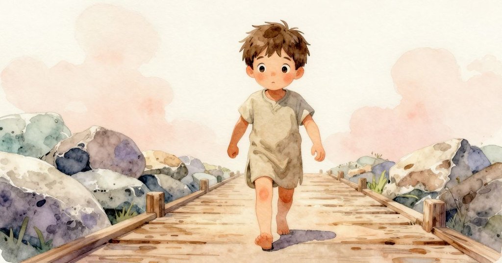 Gareth的雙腳踏在濕潤木板上，左手扶著平棍，步伐輕盈且專注，背景呈現溫泉自然風貌