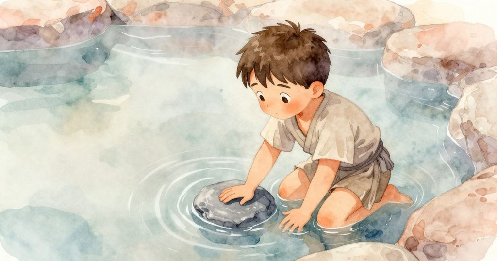 從高處俯瞰，Gareth跪在溫泉邊，專注觸碰轉動的石板，水面上波紋細膩展現秘密機制