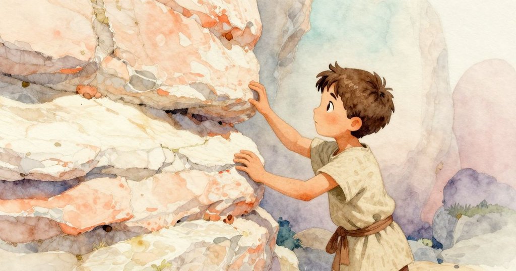 Gareth輕觸古老石灰華層，畫面呈現溫暖懷舊色調，既有現實好奇也流露歷史回憶