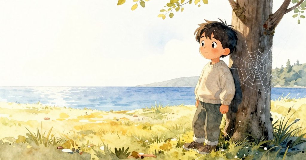 男孩站在古老雪松柱旁，凝視著沾滿露珠、閃爍的蜘蛛網，清晨自然庭院中充滿寧靜驚奇。