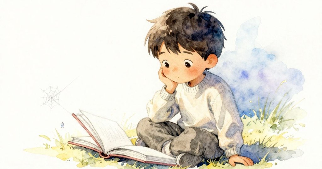 男孩的素描本打開，水滴落下使線條模糊，細節清晰，展示大自然對藝術瞬間改變的溫柔感受。