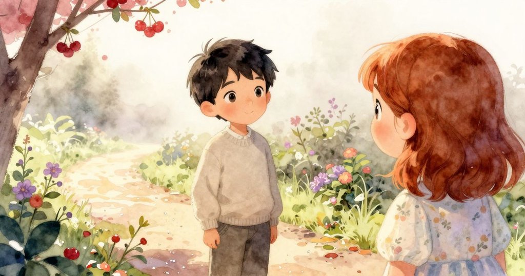 從男孩背後視角看，一位女孩輕快走向他，晨霧中的花園充滿溫柔光線和默契交流。