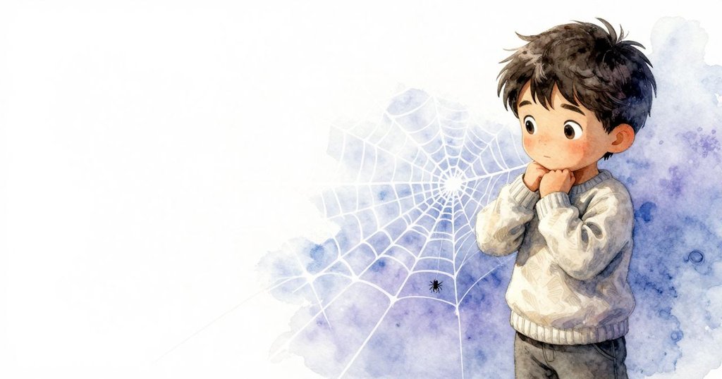 男孩轉動身姿改變光線，蜘蛛網從耀眼變得幽暗，小蜘蛛細心修補紋線，展現現實與幻想之交錯。