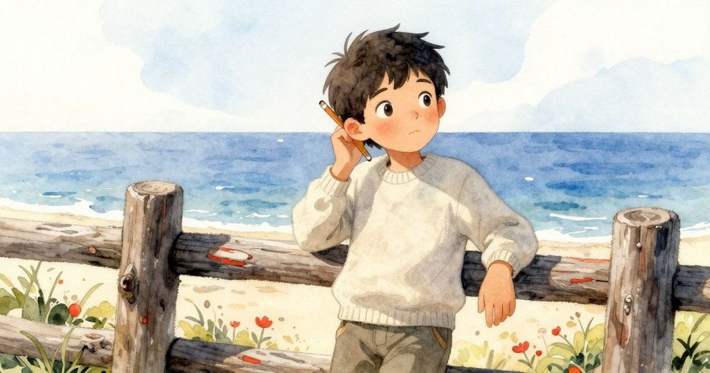 男孩在鄉村柵欄旁停下，手中鉛筆放於耳後，神情沉思，柔和晨光中彌漫著選擇時刻的微妙情緒。