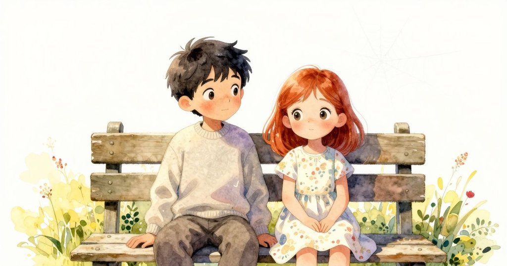 男孩與女孩在花園長椅上並肩坐下休憩，素描本靜置旁邊，蜘蛛網在柔風中微光閃爍，畫面充滿寧靜滿足。