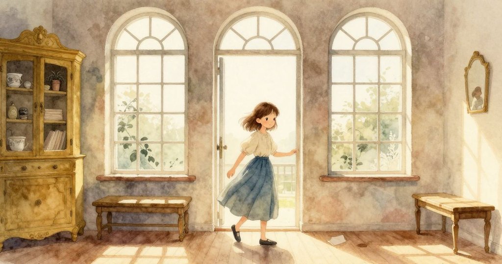 克萊歐走進舊式織布房，透過高拱窗注入溫暖陽光，神情充滿好奇與期待