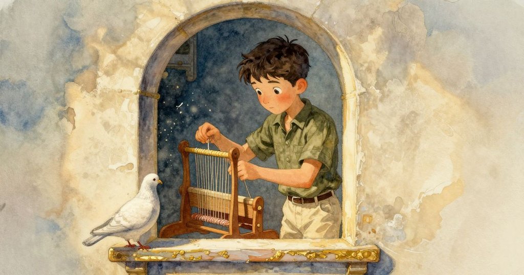 亨里克在紡織機前調整梭子，窗外鴿子靜立，塵埃在陽光下形成金色光帶，場景寧靜溫暖