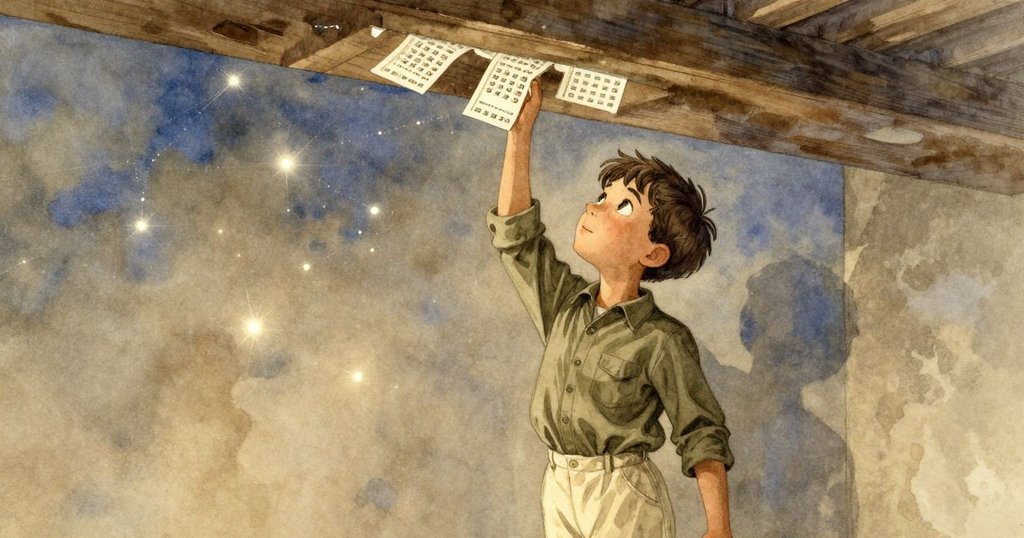 亨里克小心舉起打孔卡，光線穿透小孔如星河閃爍，回憶飽含溫柔懷舊情調