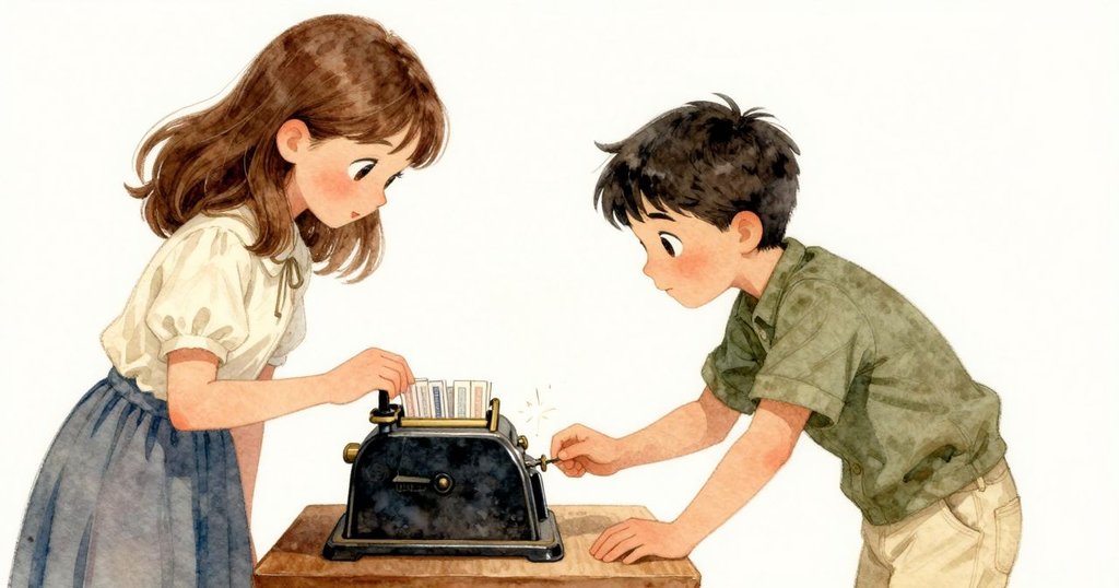 亨里克投放打孔卡入機，光線在拋光梭面閃耀，克萊歐專注觀望，動作協調而深具意義