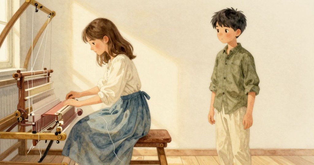 克萊歐和亨里克站在織布台旁，散落線頭在夕陽下閃爍，靜謐中流露著溫柔結局