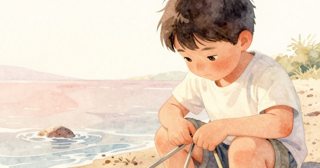 Cole 聚精會神調整玻璃觀察器，臉上展現好奇與專注，晨光映襯淺水背景，氛圍溫暖寧靜