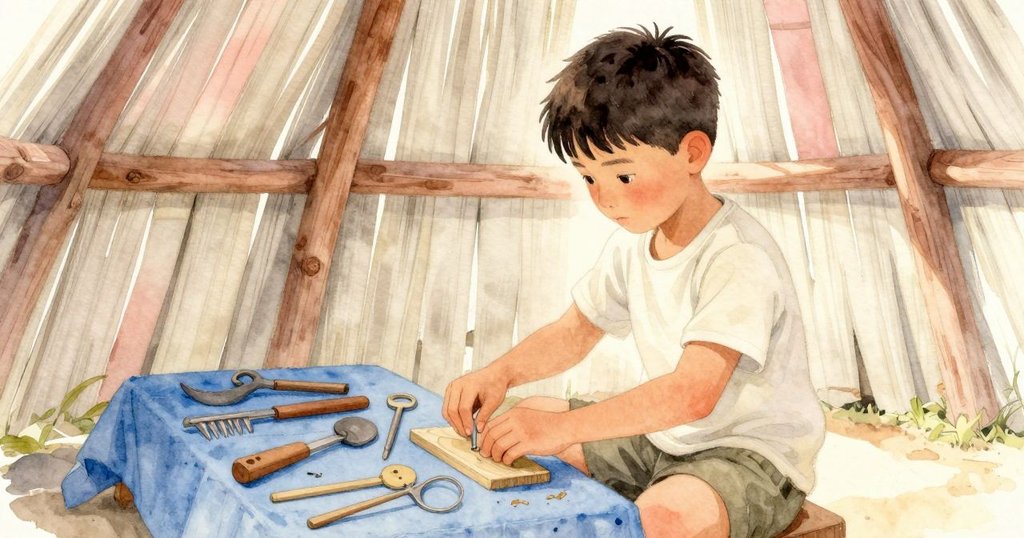 在棕櫚小屋內，Cole 整理藍鈴花布上的工具與玻璃觀察器，晨光穿窗灑下，充滿準備與期待感