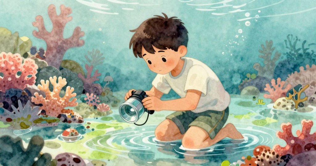 Cole 在淺水中屈膝放下玻璃觀察器，水面上映出豐富珊瑚城景，光影交織，神情專注