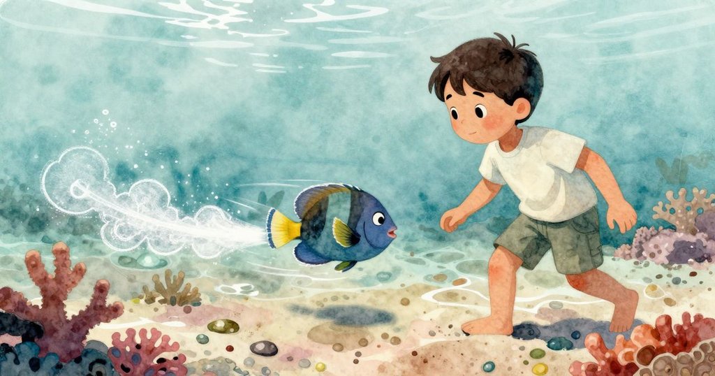 鸚鵡魚迅速穿過水中，帶起一團白色粉塵，Cole 依然專注，畫面充滿動感與神秘氣息