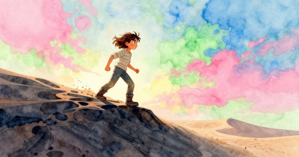 Stella站在連綿沙丘頂上獨自沉思，風吹動她的髮絲，背景沙丘起伏，透露寧靜而遼闊的意境