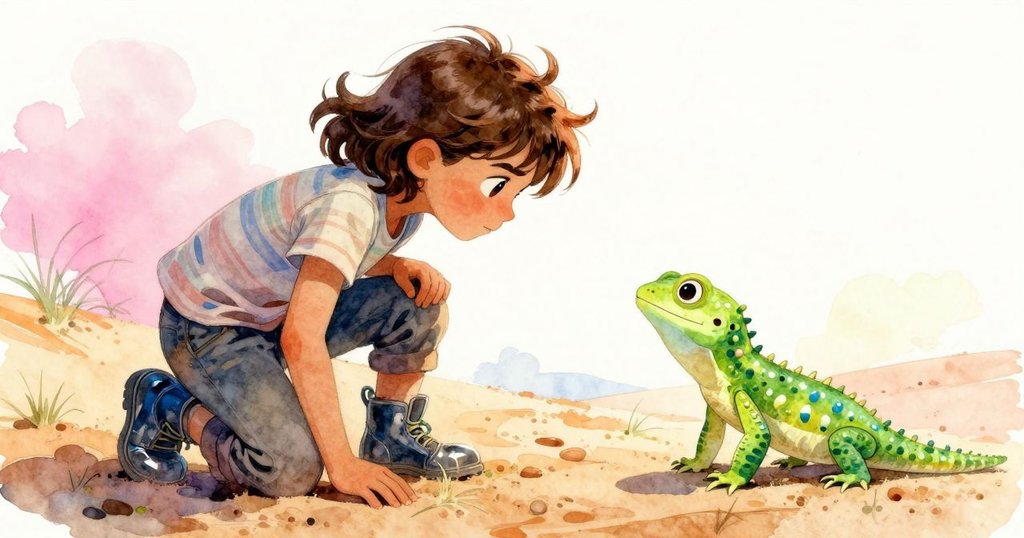 小沙蜥從低角度觀察Stella蹲在沙丘上，專注感受沙粒流動，畫面呈現自然景致與生態互動