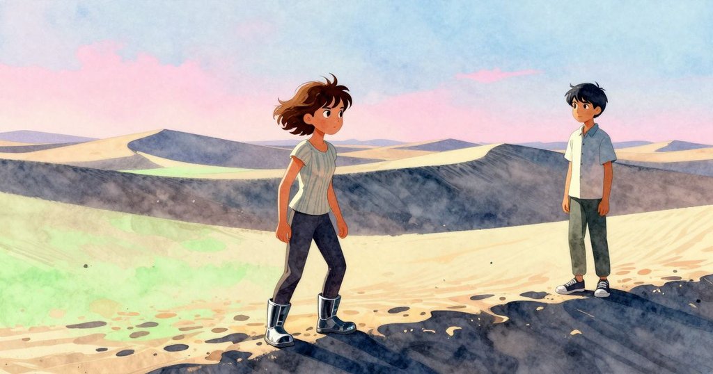 Stella與Harris分立於沙丘不同區域，晨光漸轉陰影，沙丘上腳印逐漸被拂去，呈現流動時光感