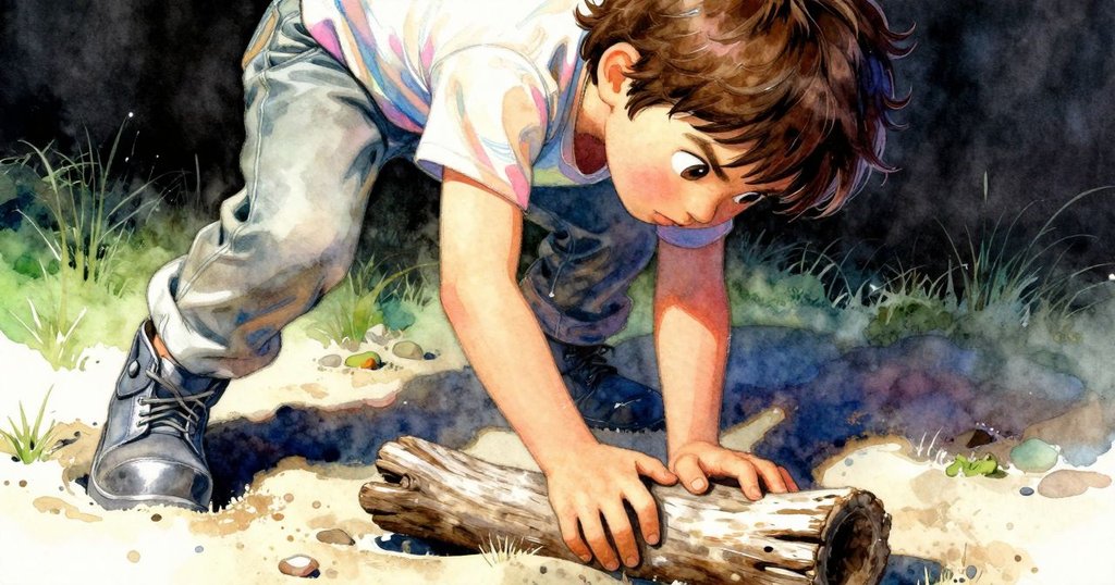 Stella的手正按壓漂流木在顫動沙面上，特寫捕捉沙粒細節，透露即將變化的緊張瞬間