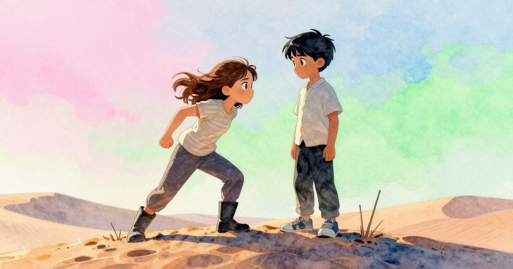 Stella與Harris在沙丘頂相遇，共同欣賞記錄變化的雙棒與漂流木，互傳理解目光，場景洋溢溫暖情懷