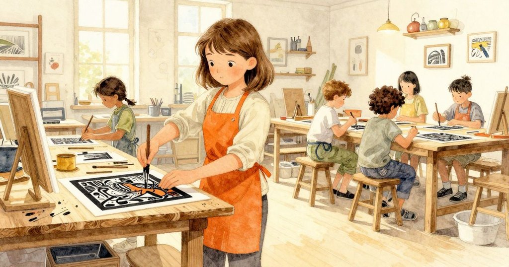 Merritt在木工作坊準備紅墨與印刷工具，畫面傾斜呈現出精心操作與微妙緊張氣氛。