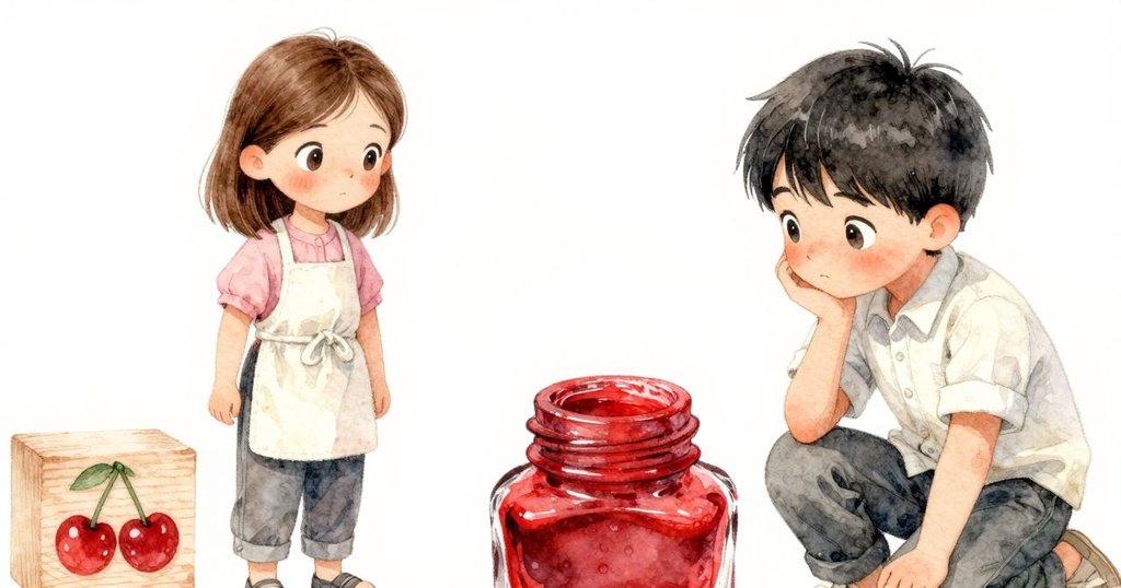 特寫展示紅墨瓶與櫻桃木刻版，細節呈現藝術工具之質感，象徵創作中完美與瑕疵共存。