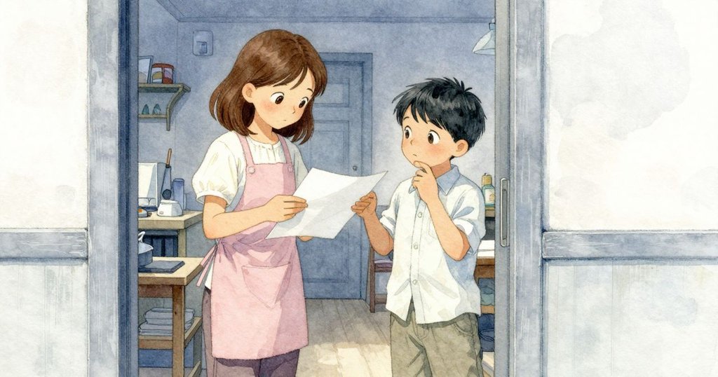 透過半掩門縫觀察，Merritt調整錯位紙張，Owen站在水槽旁，表情內斂而專注。