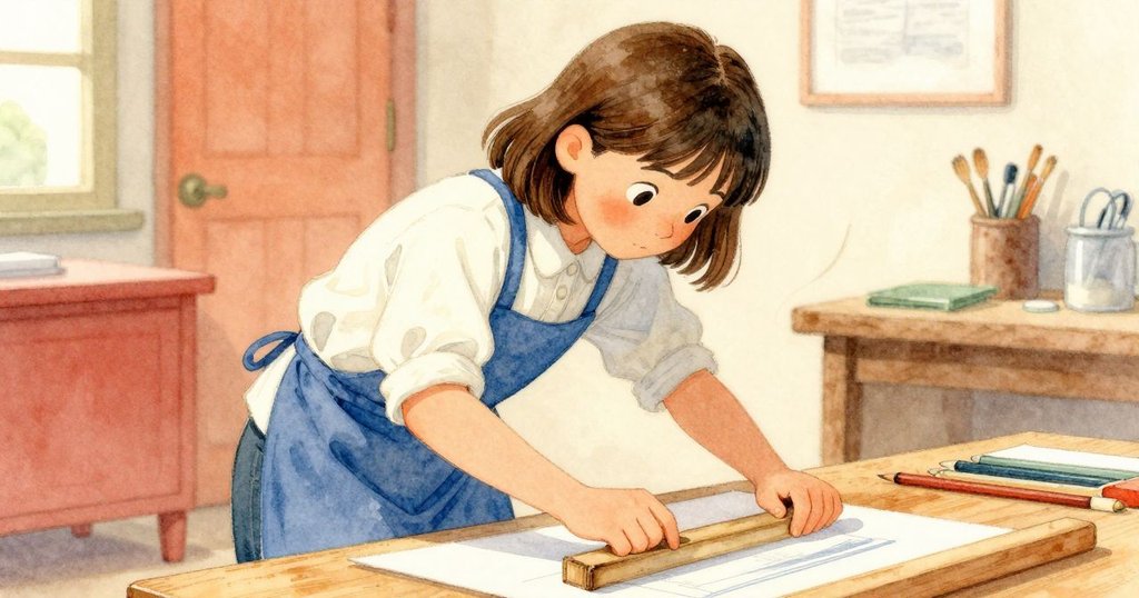 Merritt在工作台前重新調整印刷動作，集中精力用壓印工具精準施力，展現堅定與創意修正。