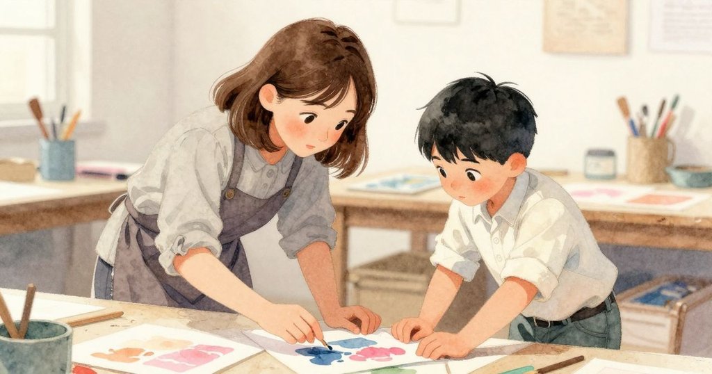 Merritt與Owen在工作台旁重聚，共同審視完成的印刷品，互相支持與鼓勵，氛圍溫馨感人。