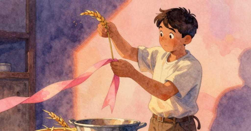 在穀倉內，塞斯倒麥粒時發現懸掛粉紅緞帶輕舞，麵粉飛揚中流露出驚奇關注的神情