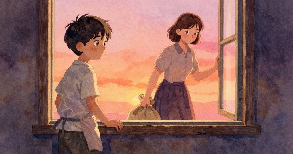 塔蒂亞娜帶著麻袋出現於窗邊，輕敲木板入室，塞斯忙碌中形成溫暖互動，晨光中展現生活韻律