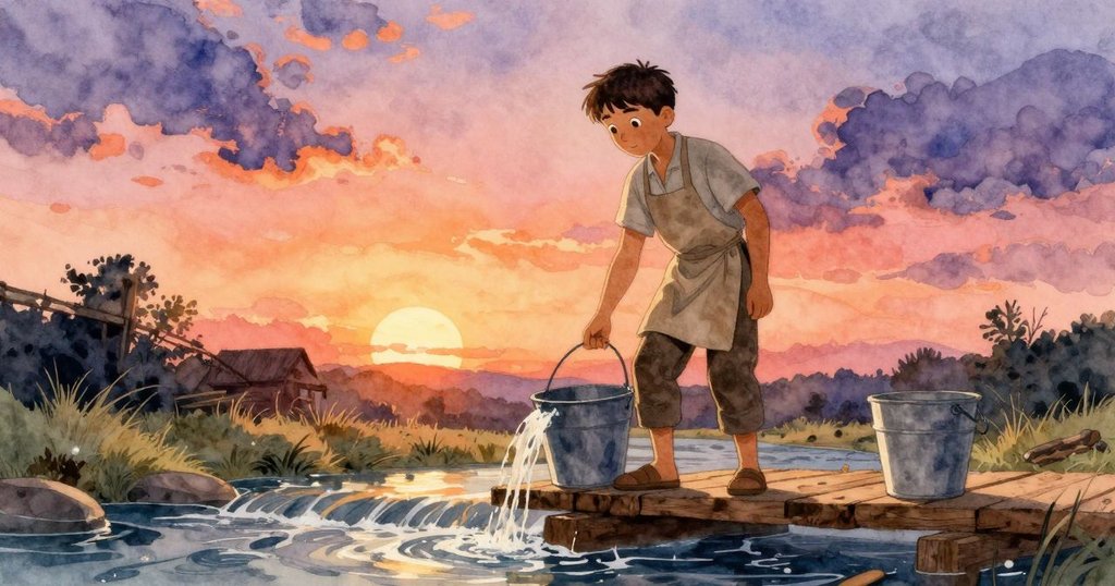 塞斯走上戶外木板，仔細觀察水輪轉動異常，水珠入桶，鄉村風光中流露出專注與疑慮