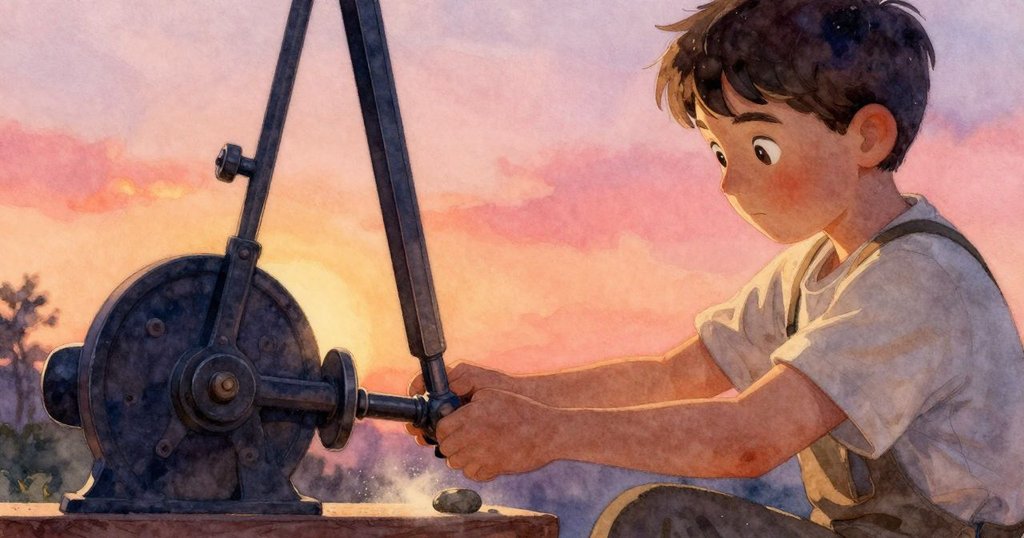 塞斯在穀倉內專注於拔除杠杆上的小石子，身旁燕子輕飛，動作細膩中透露出解謎的緊張與專注