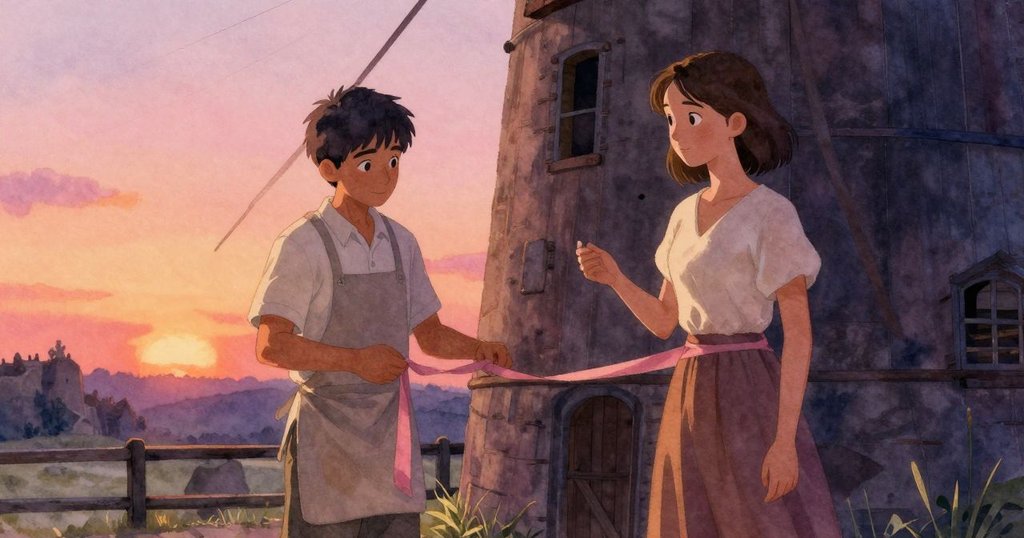 塞斯用木釘固定緞帶，塔蒂亞娜靜觀穀粒穩流，機械恢復運轉，室內溫馨氛圍中展露出平靜滿足