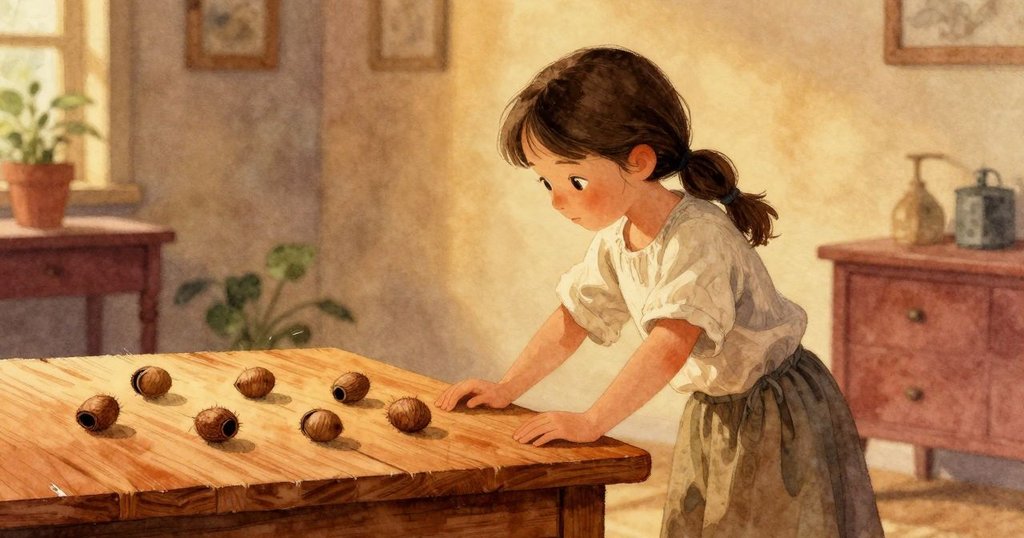 Tatiana坐在溫暖室內, 靜靜觀察濕潤木頭凹痕與空椅子, 表情沉思, 周圍漂浮著繭狀物, 室內氛圍柔和。