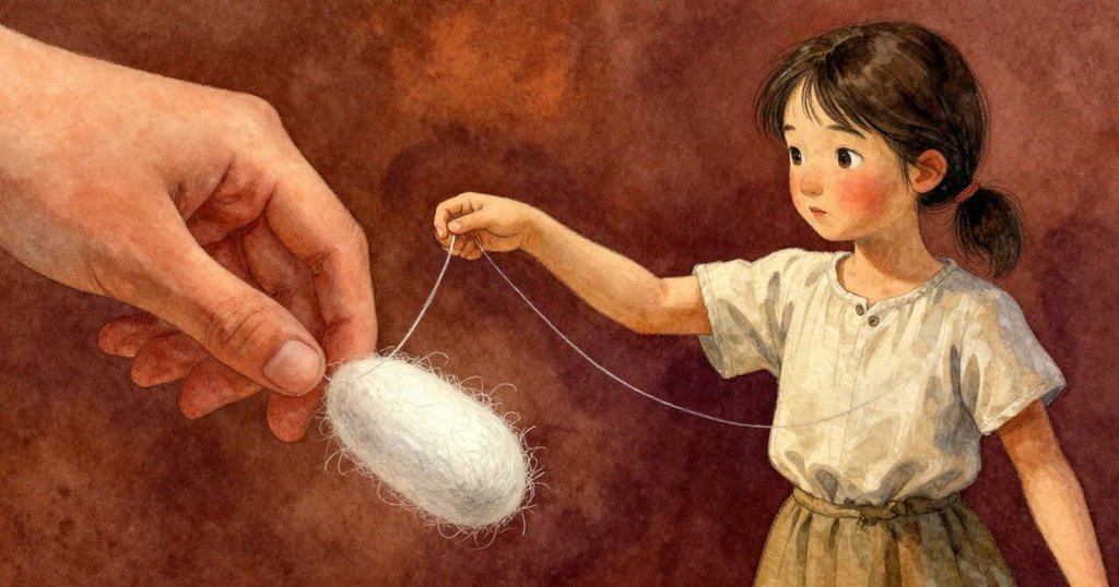 Tatiana的手特寫, 細膩引領濕潤絲線自淡色繭中延展, 指尖上水滴閃爍, 呈現出神秘精緻細節。